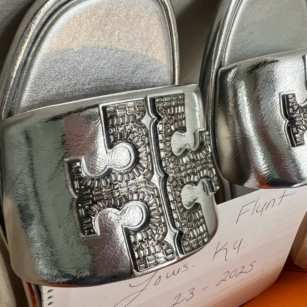 Tory Burch Crystal Double T slide Metallic Silver Sandals